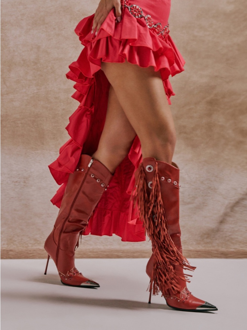 Red Fringe Stiletto Knee-High Boots with Stud Accents